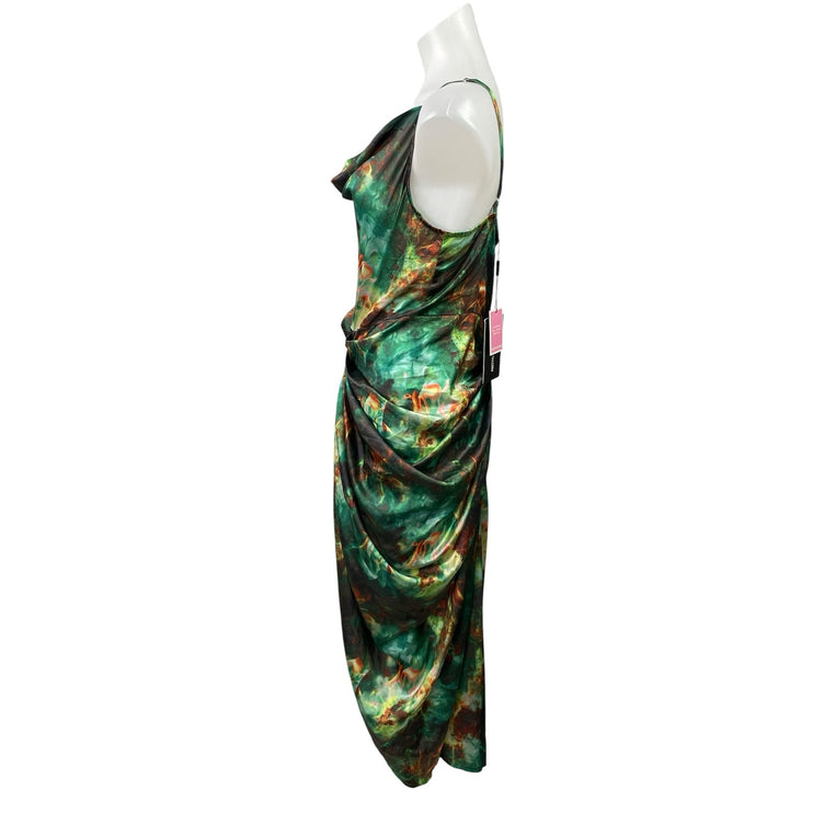 NEW PrettyLittleThing Green Satin Cowl Neck Gathered Sheath Midi Dress Size 8