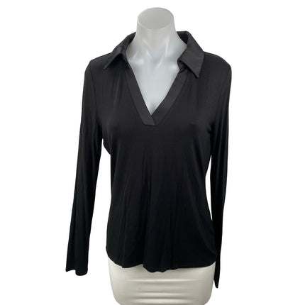 Halogen Women's Black Collared V Neck Long Sleeve Slim Fit Shirt Blouse Top Sz M
