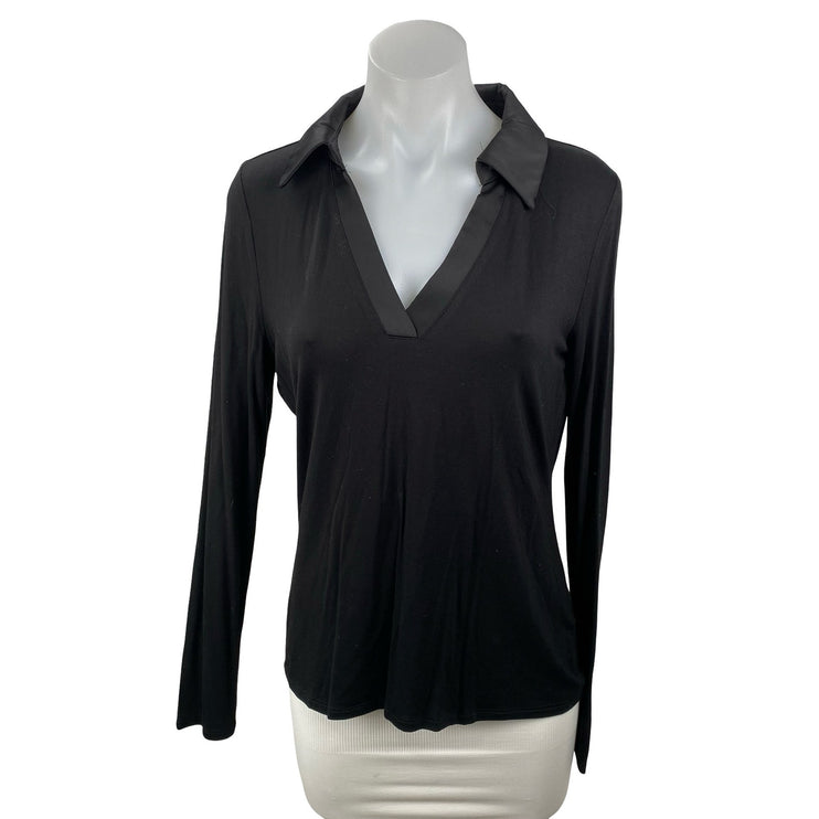 Halogen Women's Black Collared V Neck Long Sleeve Slim Fit Shirt Blouse Top Sz M