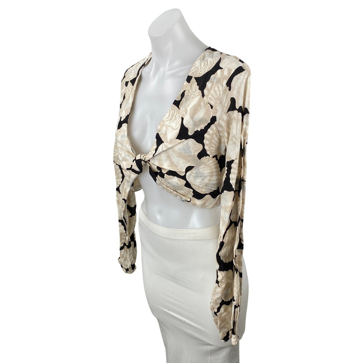 NEW H&M Beige Black Linen Seashells Print Long Sleeve Twist Front Crop Top Sz S