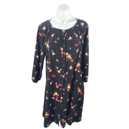 J.Jill Black Floral Smocked  Long Sleeve Button Down Mini Tunic Shirt Dress Sz M