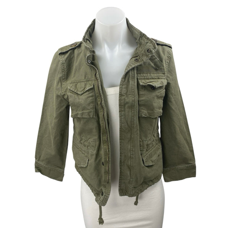 Zara Women's Army Green Zip Up Long Sleeve Cropped Bomber Cargo Jacket Size S