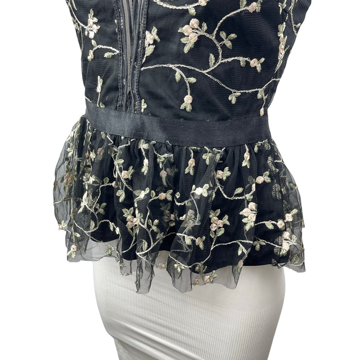 Omai Women's Black Floral Embroidered Sleeveless V Neck Peplum Blouse Top Size M