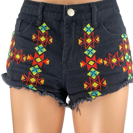 Hayden Black Aztec Embroidered Mid Rise Frayed Cut Off Denim Jean Shorts Size S