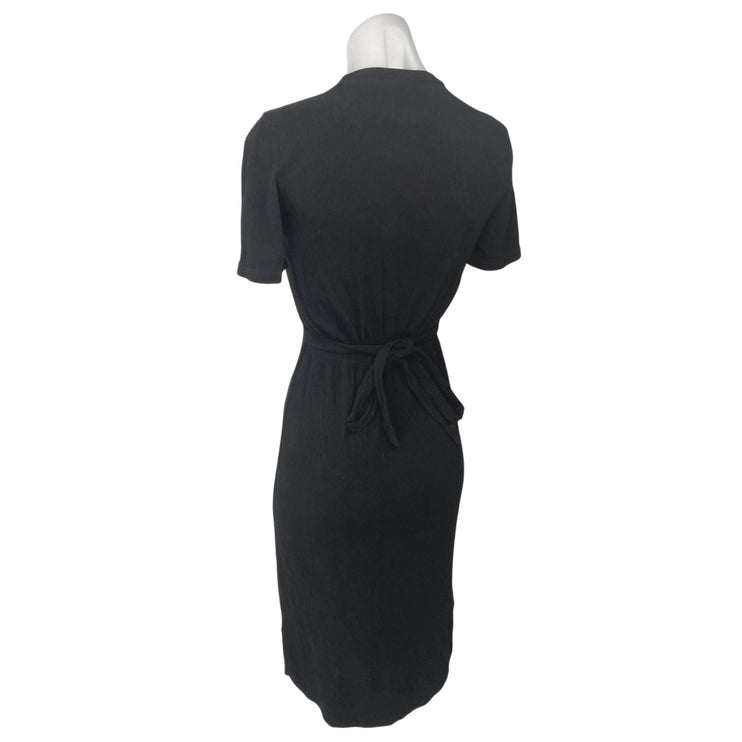MP|C Black Short Sleeve Ribbed Knit Crew Neck Tie Back Midi Sheath Dress Size S