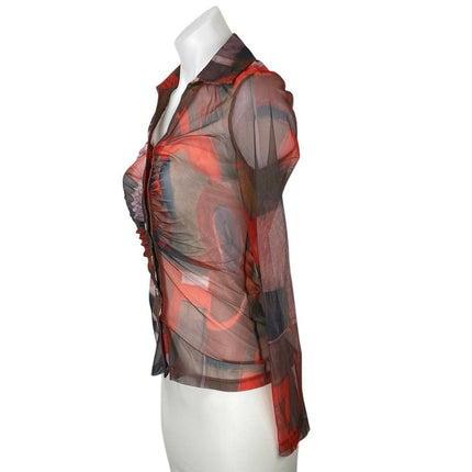 NEW Brooklyn Karma Multicolor Mesh Ruched Long Sleeve Button Sheer Blouse Top S