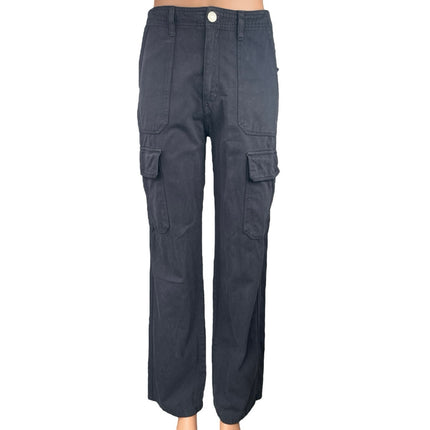 Zara Black Straight Wide Leg High Rise Cargo Trousers Denim Jeans Pants Size