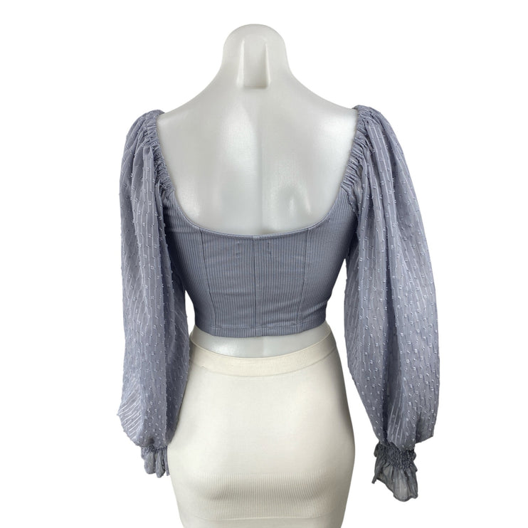 Urban Outfitters Cynthia Blue Clip Dotted Sleeve Square Neck Crop Blouse Top M