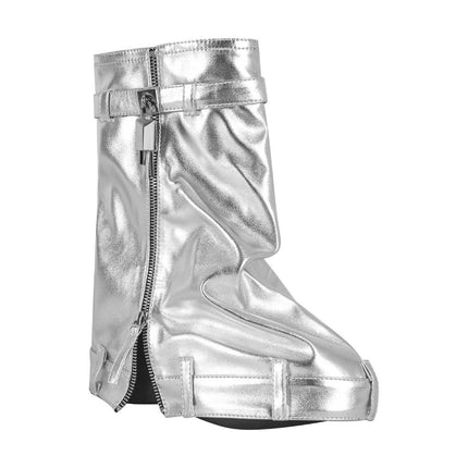 Women's Silver Metallic Leather Zip Fold Over Padlock Platform Mid Calf Boots 10