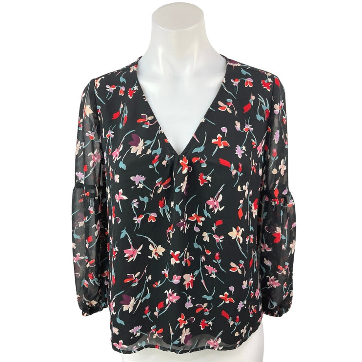 Madewell Drifting Flowers Black Floral Shirred Sleeve V-Neck Blouse Top Size XS