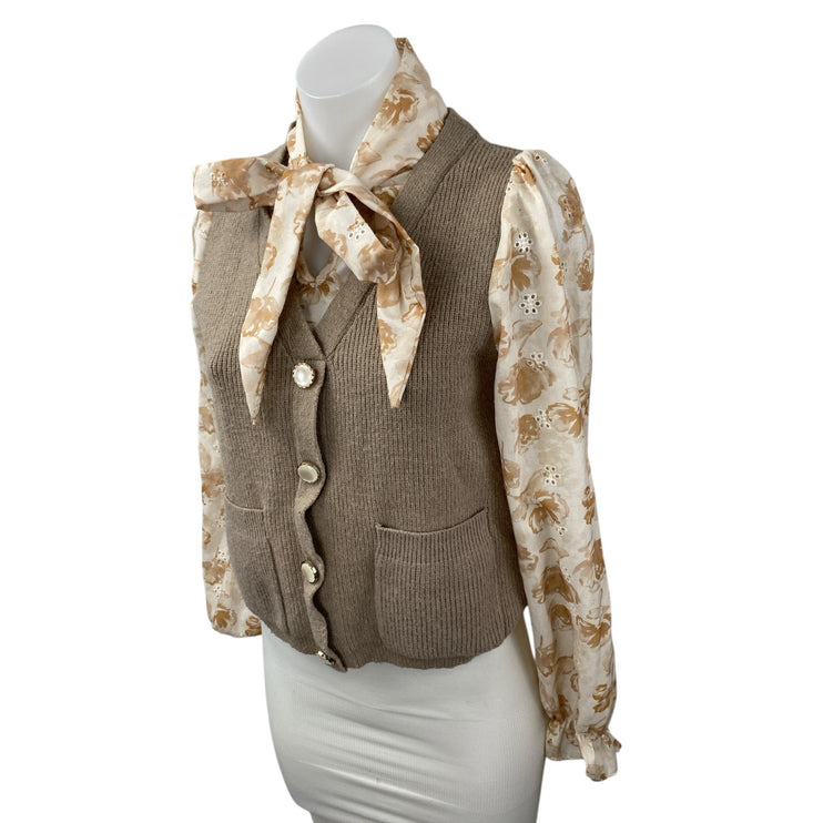 Alice Blue Brown Floral Long Sleeve Blouse Ribbed Sweater Vest Layered Top Sz M