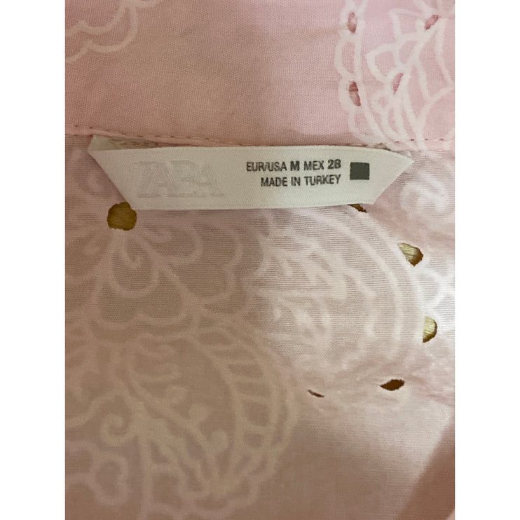 Zara Embroidery Hollow Out Pink Floral Eyelet Long Sleeve Button Up Blouse Top M