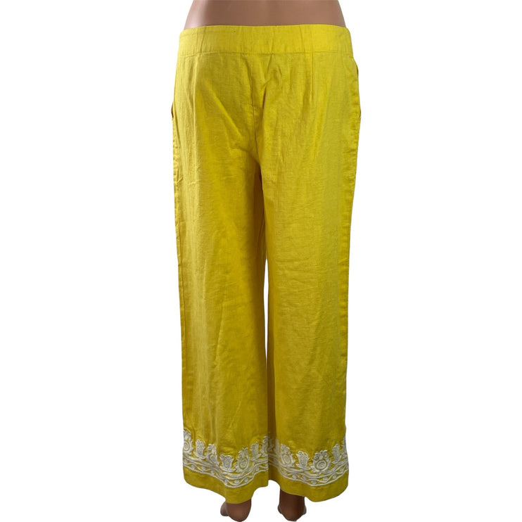 NEW Talbots Women's Yellow Linen Embroidered Wide Leg Trousers Pants Size 6