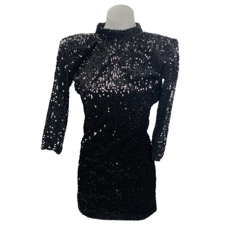 Zara Black Sequin Sparkly Mock Neck Backless Long Sleeve Mini Sheath Dress Sz XS