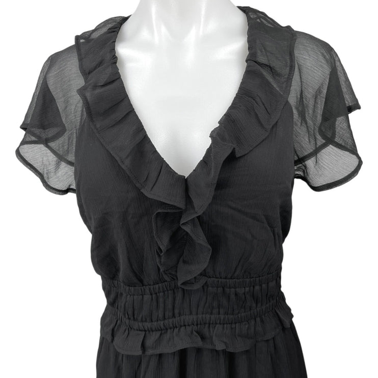 Old Navy Women's Black Mesh Ruffle Short Sleeve V Neck Midi Sheath Dress Size L