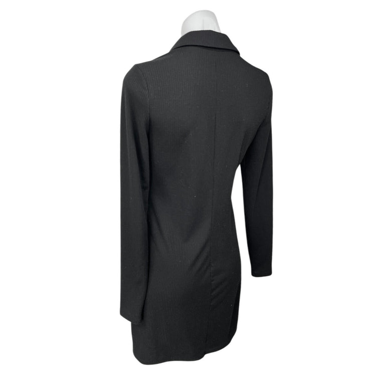 AFRM Black Long Sleeve Rib Knit Collar Button Down Mini Shirt Sweater Dress Sz M