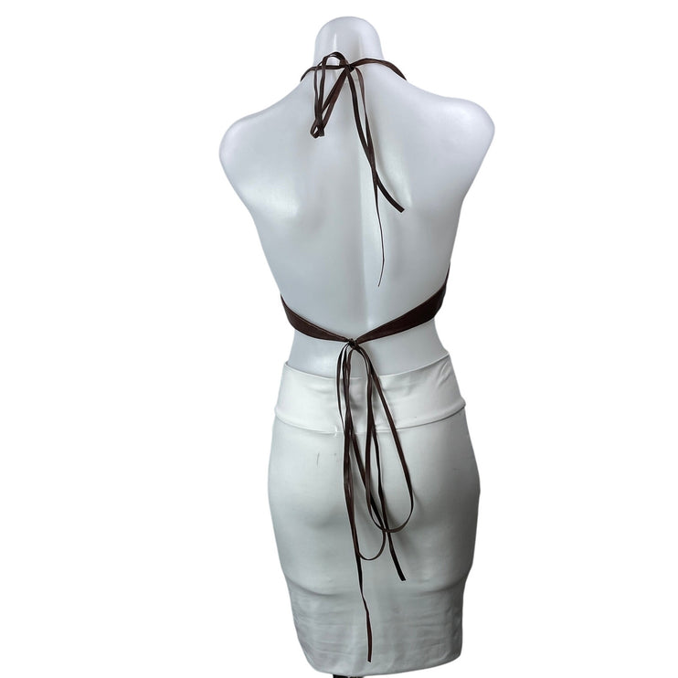 Lamarque Melka Brown 100% Leather Halter V Neck Strappy Triangle Crop Top Size S