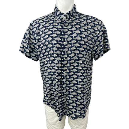 J.Crew 100% Linen Navy Fish Print Collared Short Sleeve Button Up Shirt Top XL