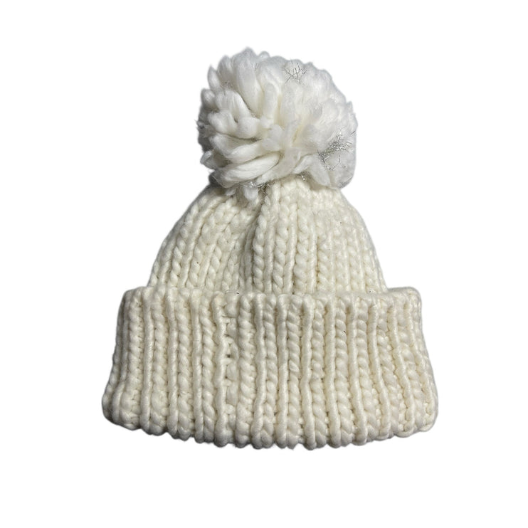 Bebe Girls Kids White Ribbed Knit Metallic Fringe Pom Pom Bonnet Beanie Hot OS