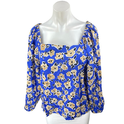 Ann Taylor Women's Blue Floral Long Puff Sleeve Square Neck Blouse Top Size L