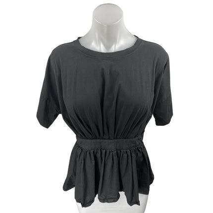J. Brooks Women's Black Short Sleeve Ruffle Peplum Open Tie Back Blouse Top Sz M