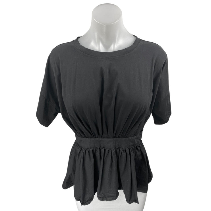 J. Brooks Women's Black Short Sleeve Ruffle Peplum Open Tie Back Blouse Top Sz M