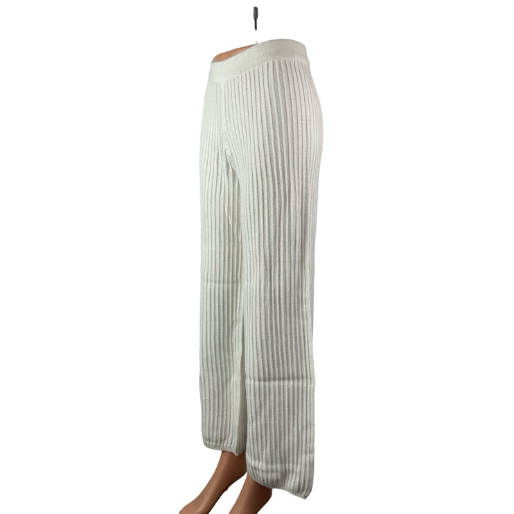 Glassons Women's White Ribbed Knit High Rise Wide Leg Trousers Pants Size XS