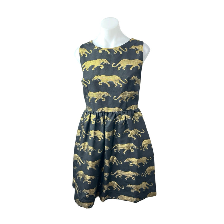 Anthropologie Eyedoll Black Gold Panther Sleeveless Fit & Flare Mini Dress Sz S