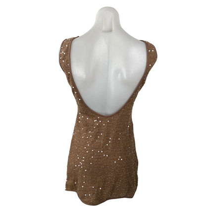 NEW Missguided Brown Sequin Boat Neck Waffle Knit Open Back Mini Dress Size S