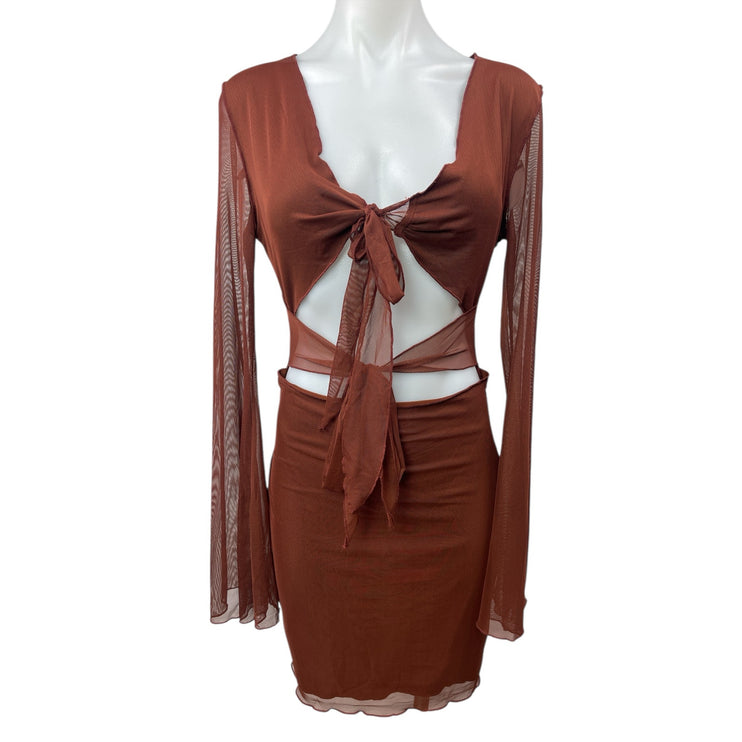 NEW Princess Polly Beawatch Brown Long Sleeve Mesh Cutout Mini Bodycon Dress 6