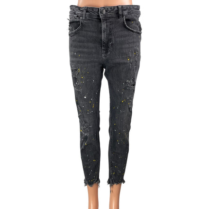 Zara Women's Black Distressed High Rise Paint Splatter Skinny Denim Jeans 31
