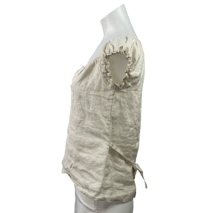Brandy Melville Beige 100% Linen Short Sleeve Tie Back Henley Blouse Top Size M