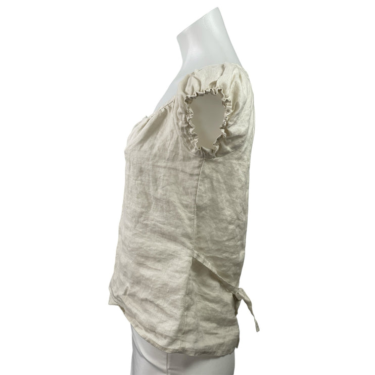 Brandy Melville Beige 100% Linen Short Sleeve Tie Back Henley Blouse Top Size M