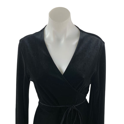 Zara Woman Black Velvet Velour Long Sleeve Tie Belt V-neck Mini Wrap Dress Sz L