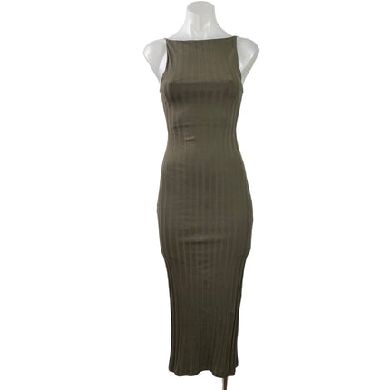 Zara Olive Green Ribbed Knit High Neck Sleeveless Mid Bodycon Dress Size S