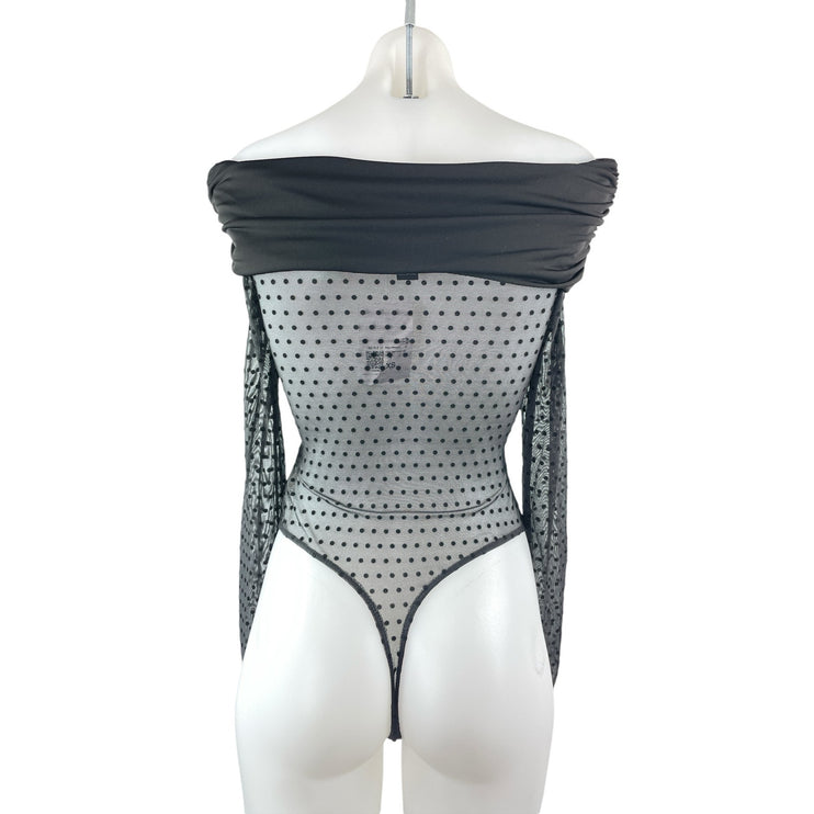 NEW Forever 21 Black Off The Shoulder Polka Dots Mesh Sheer Bodysuit Top Size XS