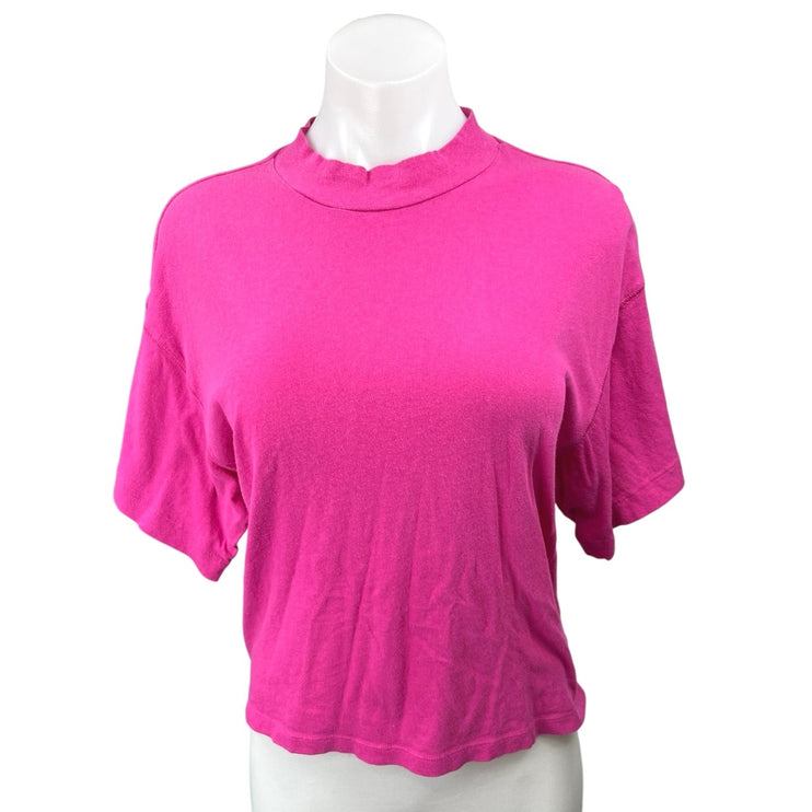 Free People Hot Pink Knit Mock Neck Crop Short Sleeve Tee T-Shirt Top Size M