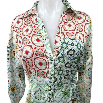 Zara Multicolor Patchworks Printed Button Down Long Sleeve Mini Shirt Dress Sz M