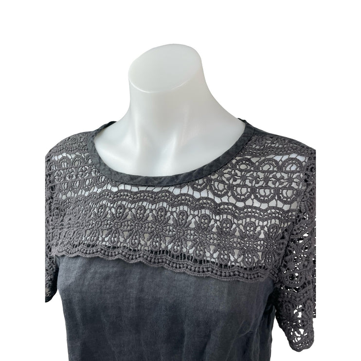 J.Crew Black 100% Linen Lace Crochet Short Sleeve Round Neck Blouse Top Size 6
