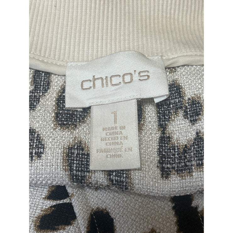 Chico's Cream Black Long Sleeve Knit Leopard Zip Up Cardigan Sweater Top Size 1