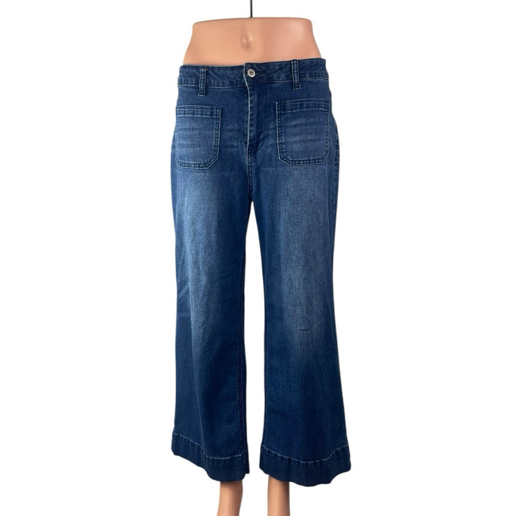 Luvamia Women's Blue High Waisted Cropped Flared Wide Leg Denim Jeans Pants Sz M
