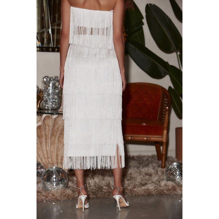 12th Tribe NWT White Gatsby Fringe Layered Straight Pencil Boho Midi Skirt Sz S