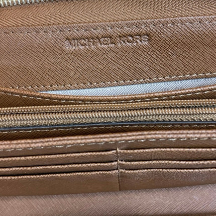 Michael Kors Brown Saffiano Leather 3 Slots Cards Zip Around Pouch Wallet OS