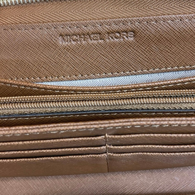 Michael Kors Brown Saffiano Leather 3 Slots Cards Zip Around Pouch Wallet OS
