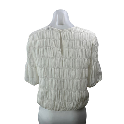 AYR Women's White Short Balloon Sleeves Silk Crinkle Smocked Blouse Top Size M