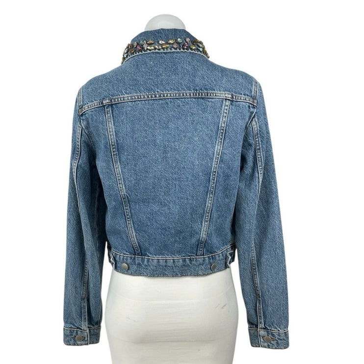 Maje Bianca Blue Embellished Crystal Stud Beaded Button Up Denim Jean Jacket M