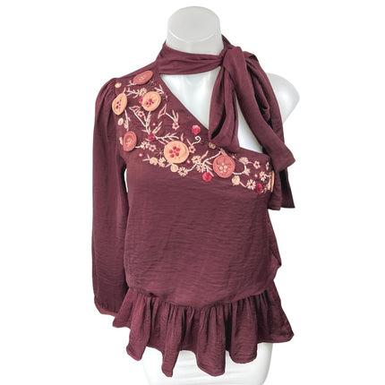 Vero Moda Red Embellished Embroidered One Shoulder Tie Neck Peplum Blouse Top S