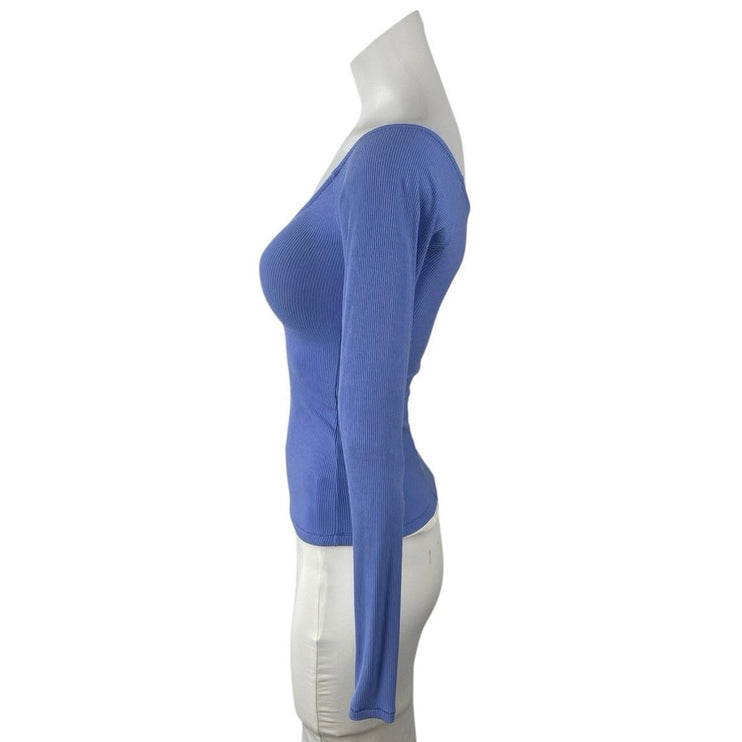 Skims Soft Lounge Blue Ribbed Off Shoulder Long Sleeve T-Shirt Sweater Top XS