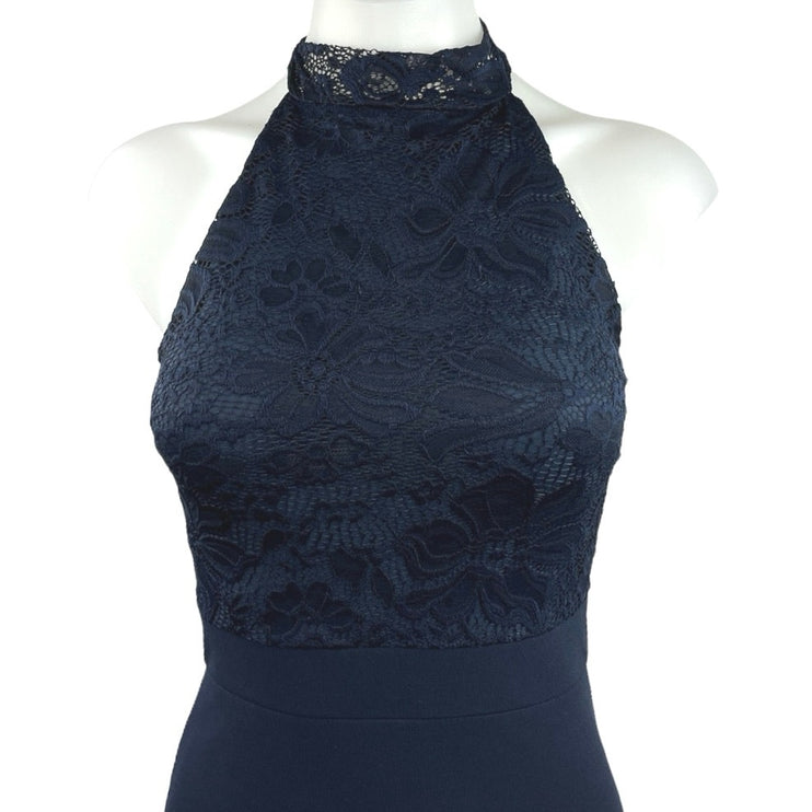 Missguided Navy Blue Lace Halter Sleeveless Fishtail Maxi Bridesmaid Dress Sz 2