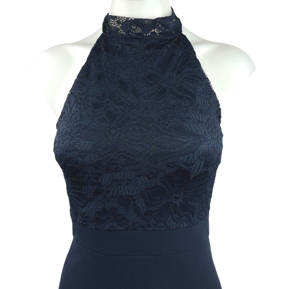 Missguided Navy Blue Lace Halter Sleeveless Fishtail Maxi Bridesmaid Dress Sz 2 Missguided Navy Blue Lace Halter Sleeveless Fishtail Maxi Bridesmaid Dress Sz 2